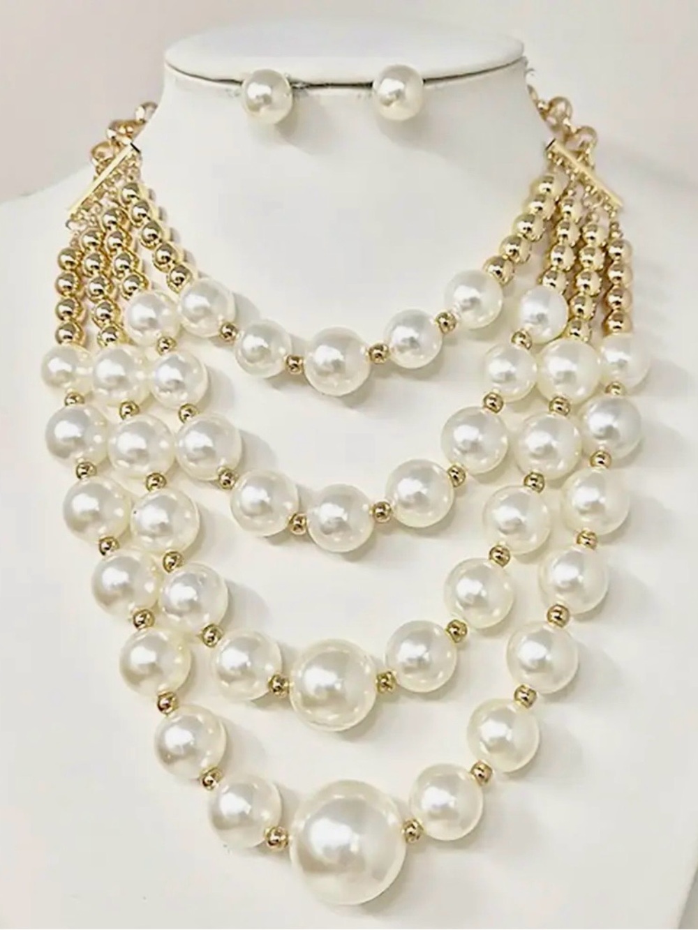 Elegant Multi-Strand Faux Pearl Necklace Set - Gold & White